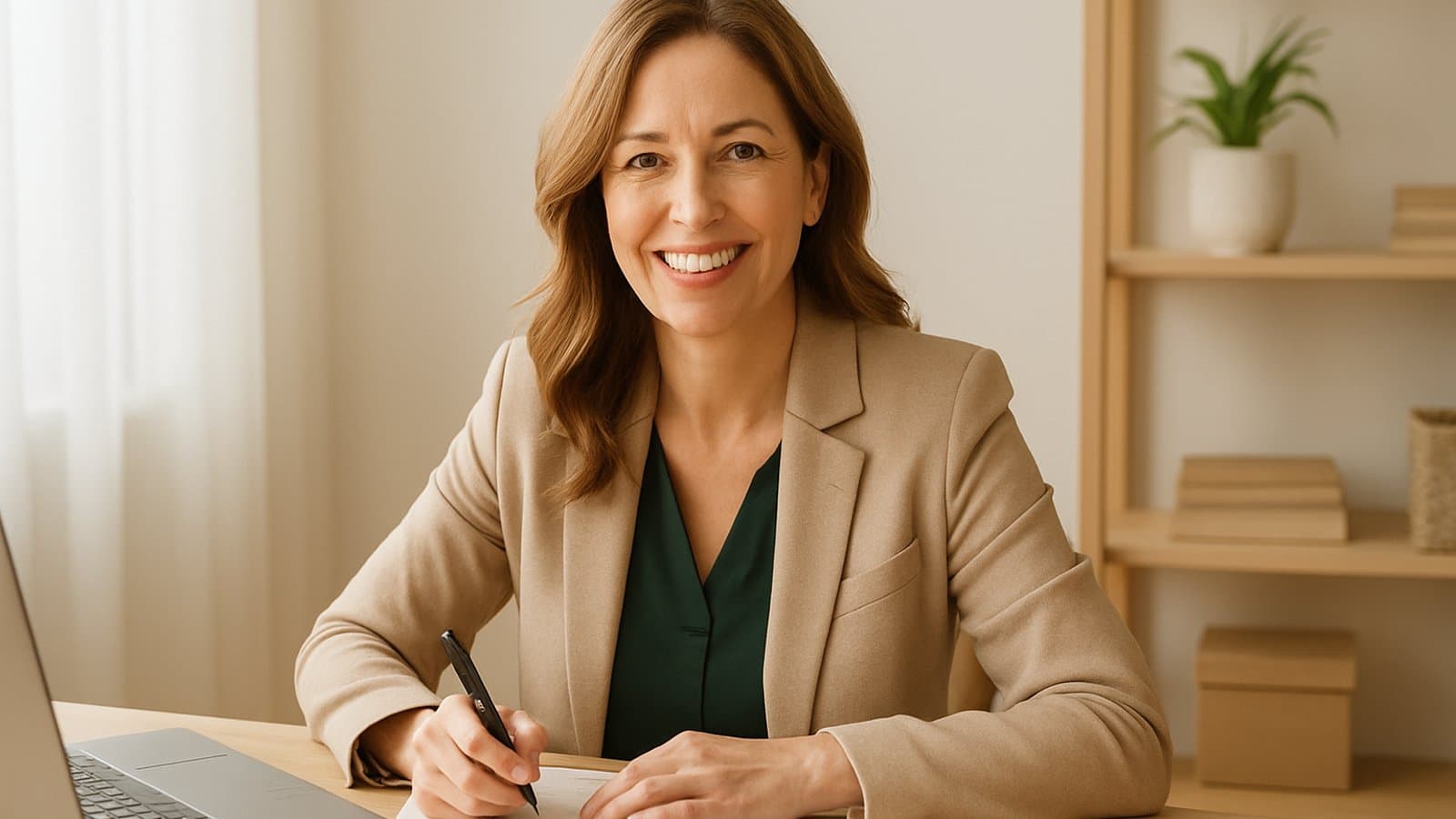 Confident professional woman reviewing her finances with a sense of clarity and empowerment