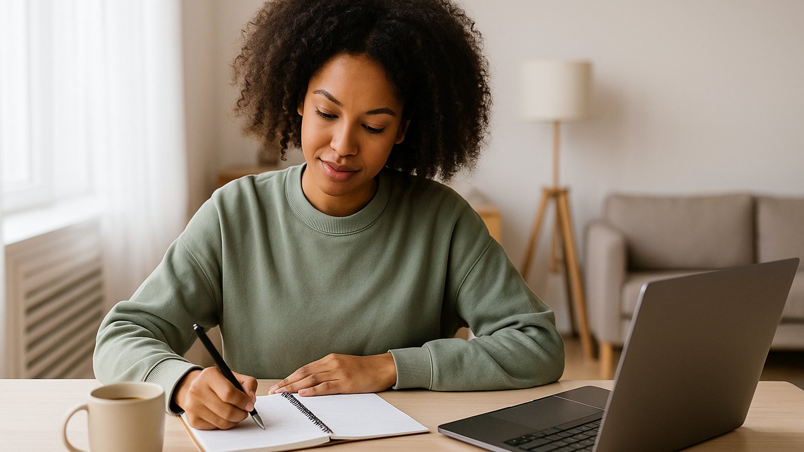 Escena serena de planificación financiera: libreta, té y luz sobre un escritorio en Toronto